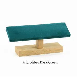 Single-tier dark green microfiber and solid wood T-bar display stand for bracelets
