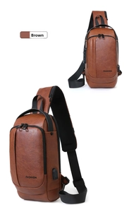 Brown PU leather chest bag detail showing the USB charging port and textured finish