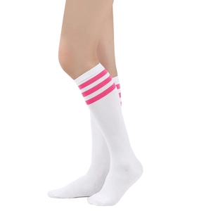 Close-up of white cotton knee-high socks featuring pink three-stripe athletic details