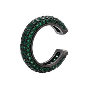 Macro detail of C-shaped ear cuff with green zircons pave-set in black gold finish