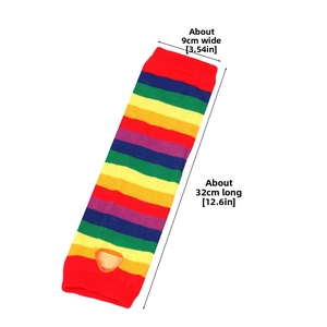 Detailed view of rainbow striped arm warmers showing thumb holes and size dimensions