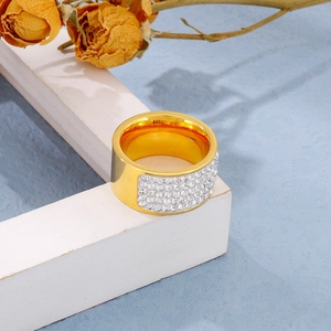 Macro detail of 18k gold plated stainless steel ring featuring 5 rows of pavé crystals