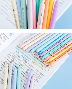 Detail of macaron pastel highlighters with matte texture on an open notebook