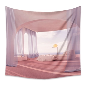 Detail of bohemian tapestry featuring a dreamy seaside balcony scene in pink and purple