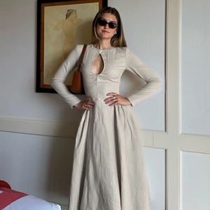 Linen long sleeve A-line midi dress with hollow-out neck design in light beige color