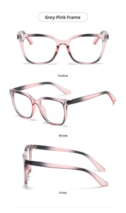 Detailed views of grey pink gradient square eyeglass frames in high-quality acetate