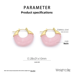 Detailed view of pink resin U-shaped hoop earrings with gold stainless steel finish