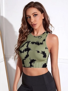 Detail of green and black tie-dye seamless ribbed knit sports vest with scoop neck