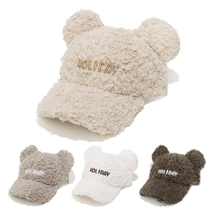 Cute Bear Ears Lambswool Baseball Cap Women Winter Warm Fleece Holiday Embroidery Curved Brim Sweet Korean Style