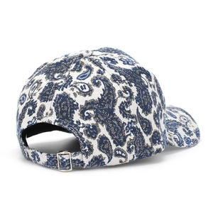 Detailed back view of paisley baseball cap with adjustable silver metal buckle