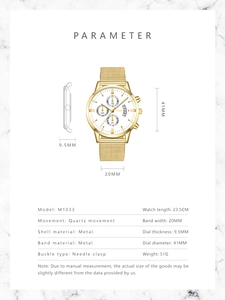 Detailed technical specifications for M1033 gold mesh strap quartz watch for men