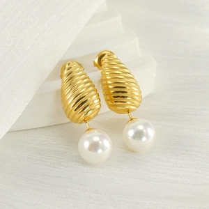 Orecchini A Goccia Strutturati Acciaio Inossidabile Placcato Oro Perla Artificial Donna Stile Francese Gioielli Moda