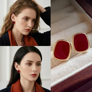 Geometric Square Earrings Alloy Enamel Red Vintage Style With Silver Earring Post Elegant Retro Jewelry For Women