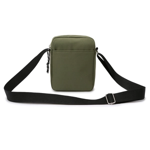 Olive green nylon crossbody bag with adjustable black strap and back pocket
