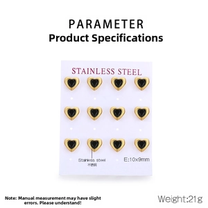 Set of 6 pairs of gold stainless steel stud earrings with black heart-shaped inserts