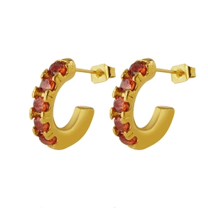 Boucles d'oreilles vintage en C dorées avec zircon rouge pour femme en acier inoxydable