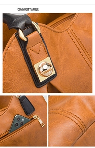 Three-way split view showing side angles, texture, and pockets of brown PU leather handbag