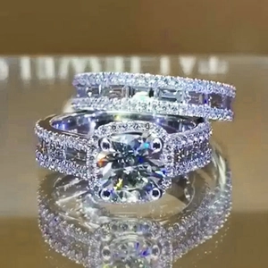 Cushion Cut Cubic Zirconia Halo Ring And Stacking Band Copper Inlaid Zircon Western Style Jewelry For Women