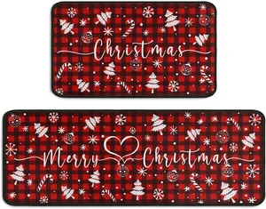 Detail of Christmas buffalo plaid kitchen rugs with Merry Christmas festive pattern