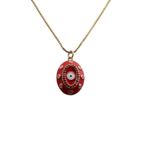 Gold plated evil eye necklace with red enamel pendant and shimmering zircon accents