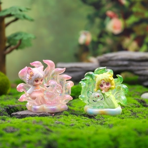Exquisite Nine-Tailed Fox girl figurines with iridescent finish on natural mossy background