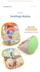 Three-sided view of kids foldable dinosaur sandbag toss game board with scoring targets