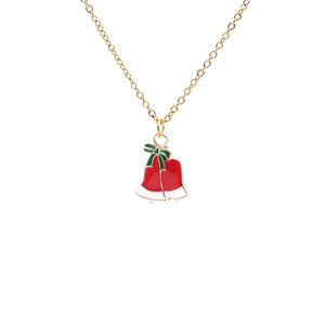 Christmas jewelry set with red and white enamel bell necklace and green bow pendant