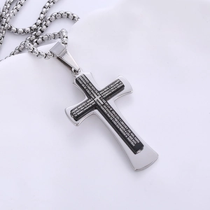 Gold and black stainless steel cross necklace with Spanish Lord's Prayer engraving
