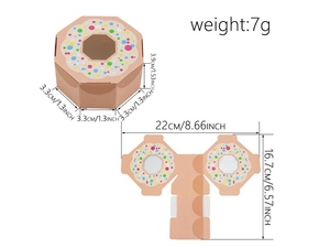 Size specifications for pink donut themed hexagonal candy gift box with product dimensions