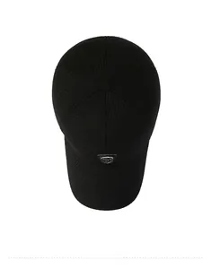 Top down view of black corduroy baseball cap with ear protection and shield logo