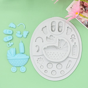 Baby shower silicone fondant mold featuring stroller bottle shoes and duckling for cake decor