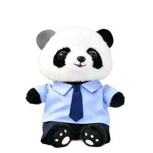 Schattige panda knuffel in een lichtblauw zakelijk overhemd en marineblauwe das op wit