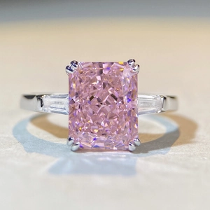 Radiant cut pink sapphire S925 sterling silver ring with rectangular side diamonds