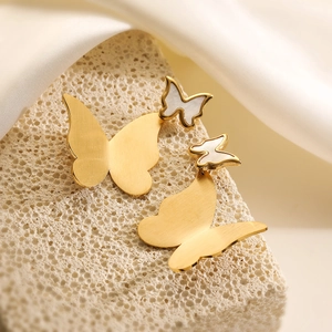 Elegant 18K gold plated stainless steel butterfly drop earrings with mother of pearl inlay