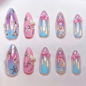 Aurora Gradient Press-on Nails Long Almond Stiletto Cat Eye Fake Nails With 3D Bow Artificial Pearls Rhinestones Heart Y2K Style