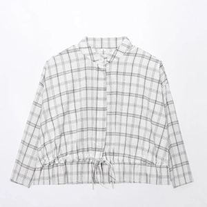 Veste chemise courte à carreaux noir et blanc pour femme avec cordon et col montant