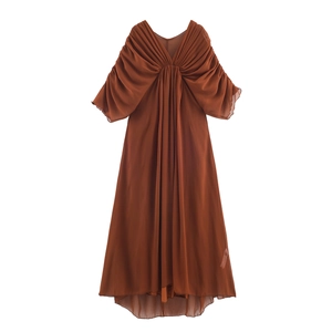 Elegantes Damen Maxi Kleid Mit V Ausschnitt Und Falten Langarm Hohe Taille Einfarbig Polyester Fließendes Partykleid