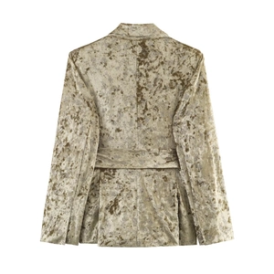 Champagne velvet women's blazer with metallic waist belt showing back view