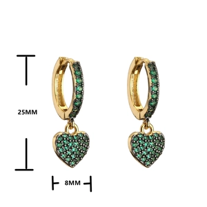 Gold heart drop earrings with green zircons and measurement guide showing 25mm length