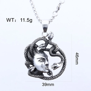 Macro detail of antique silver Medusa pendant showing 46mm height and 39mm width specs