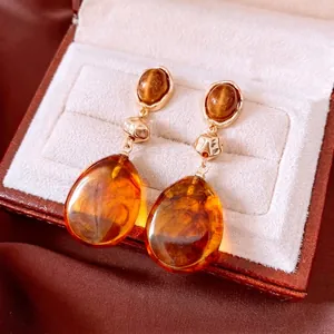 Retro Water Drop Dangle Earrings For Women Amber Resin Alloy With Silver Earring Post Maillard Style Vintage Jewelry