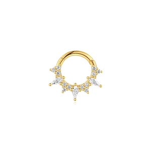 Detail of gold S925 sterling silver nose ring with rhombic zircon stones and hinged hoop