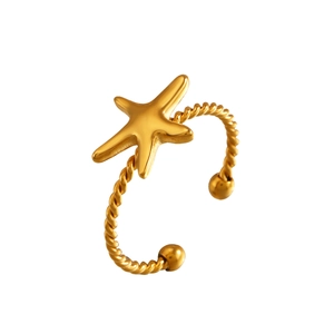 Golden starfish open ring with twisted rope band and ocean holiday style design