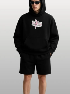Women Black Hoodie Cotton Blend Dollar Graphic Long Sleeve Loose Streetwear Sweatshirt Pink Ribbon Design