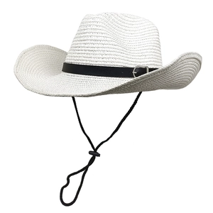 White woven western cowboy straw hat with black leather band and adjustable chin strap