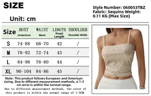 Size chart for backless sequined sleeveless top showing measurements in centimeters