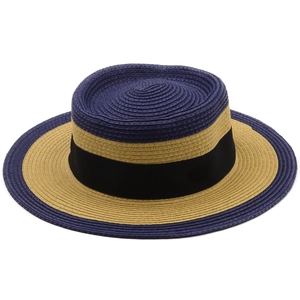 Chapeau de paille bicolore classique avec calotte plate et larges bords pour l'été