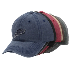 Distressed washed cotton baseball caps with 3D letter embroidery in six assorted colors