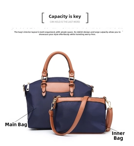 Detail of 2-piece set navy oxford tote bag with leather handles and inner pouch