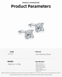 Detail view of 925 sterling silver studs with 7mm square 5A grade cubic zirconia stones